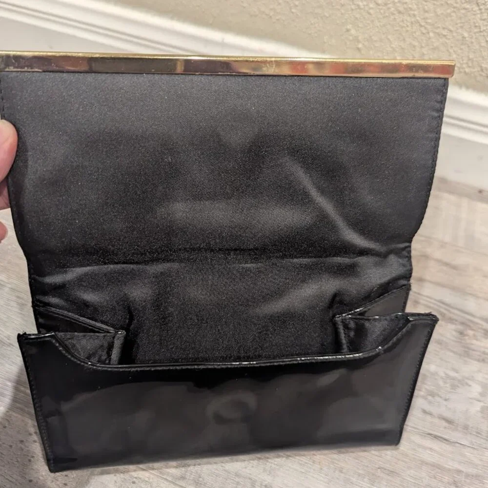 Estée Lauder Black Patent Glossy Evening Clutch | Gold Bar Trim